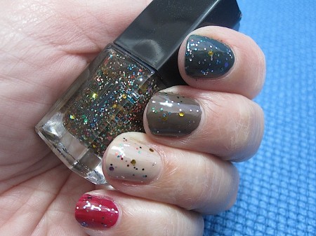 ELF Chic Confetti over Green Machine (forefinger), Smoky Brown (middle), Desert Haze (ring), and Cherry Bomb (pinky).