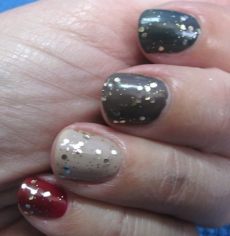 ELF Gold Star over Green Machine (forefinger), Smoky Brown (middle), Desert Haze (ring), and Cherry Bomb (pinky).